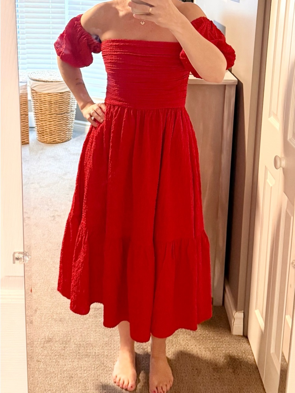 Abercrombie Red Puff Sleeve Off-Shoulder Smocked Midi Dress